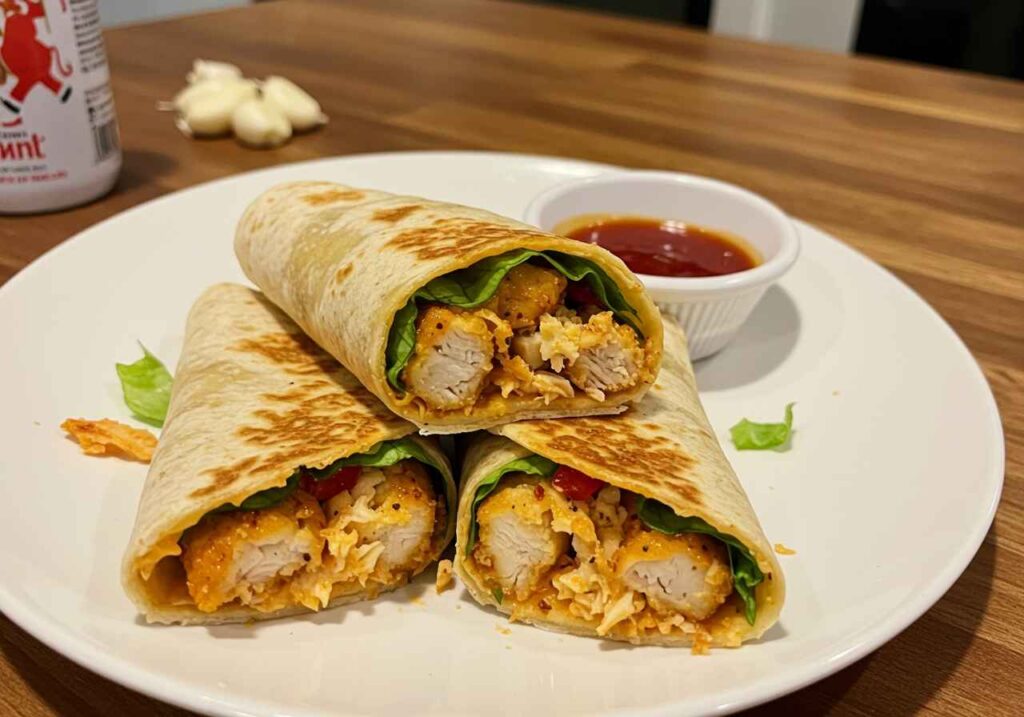 chicken wraps stacked on top of each other with the words cheesy garlic chicken wraps