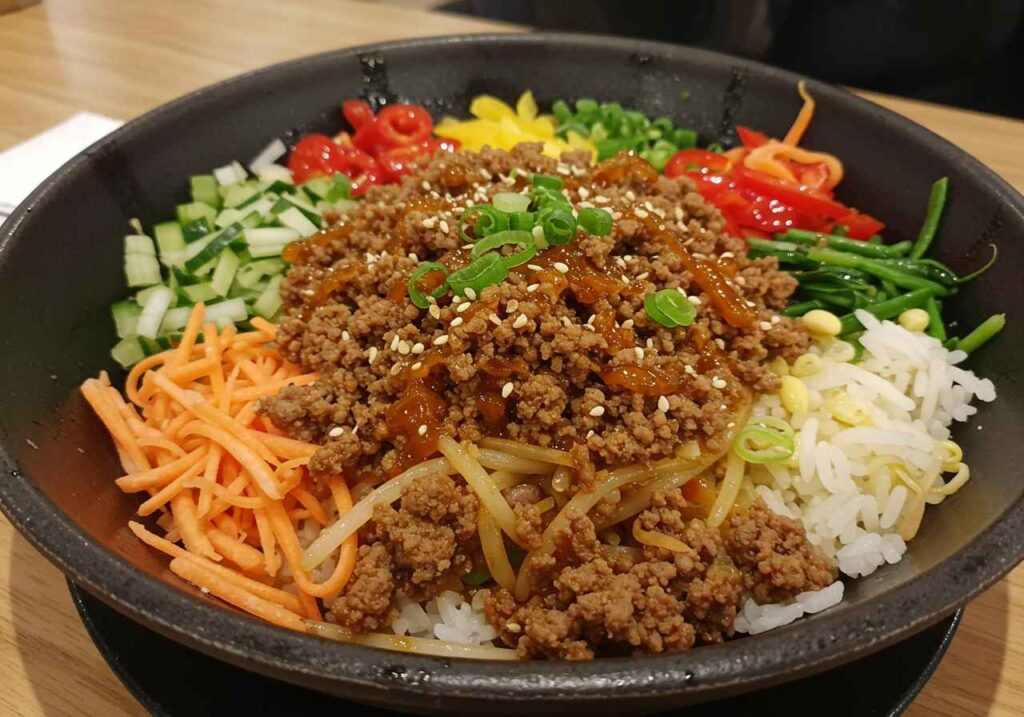 korean ground beef bowl with rice and green onions