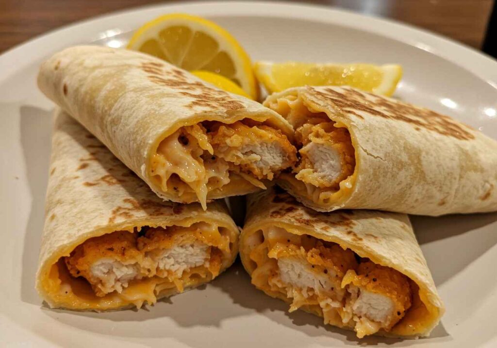 chicken wraps stacked on top of each other with the words cheesy garlic chicken wraps