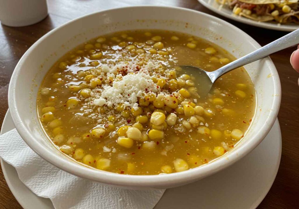 mexican street corn soup in a white bowl