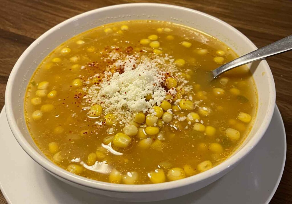 mexican street corn soup in a white bowl