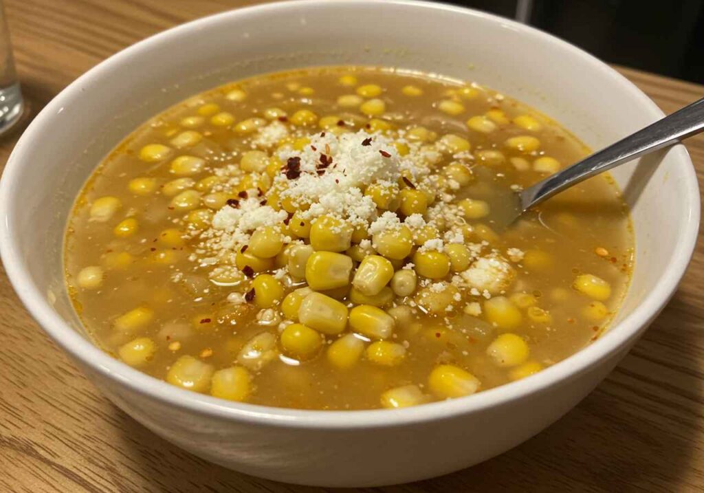 mexican street corn soup in a white bowl