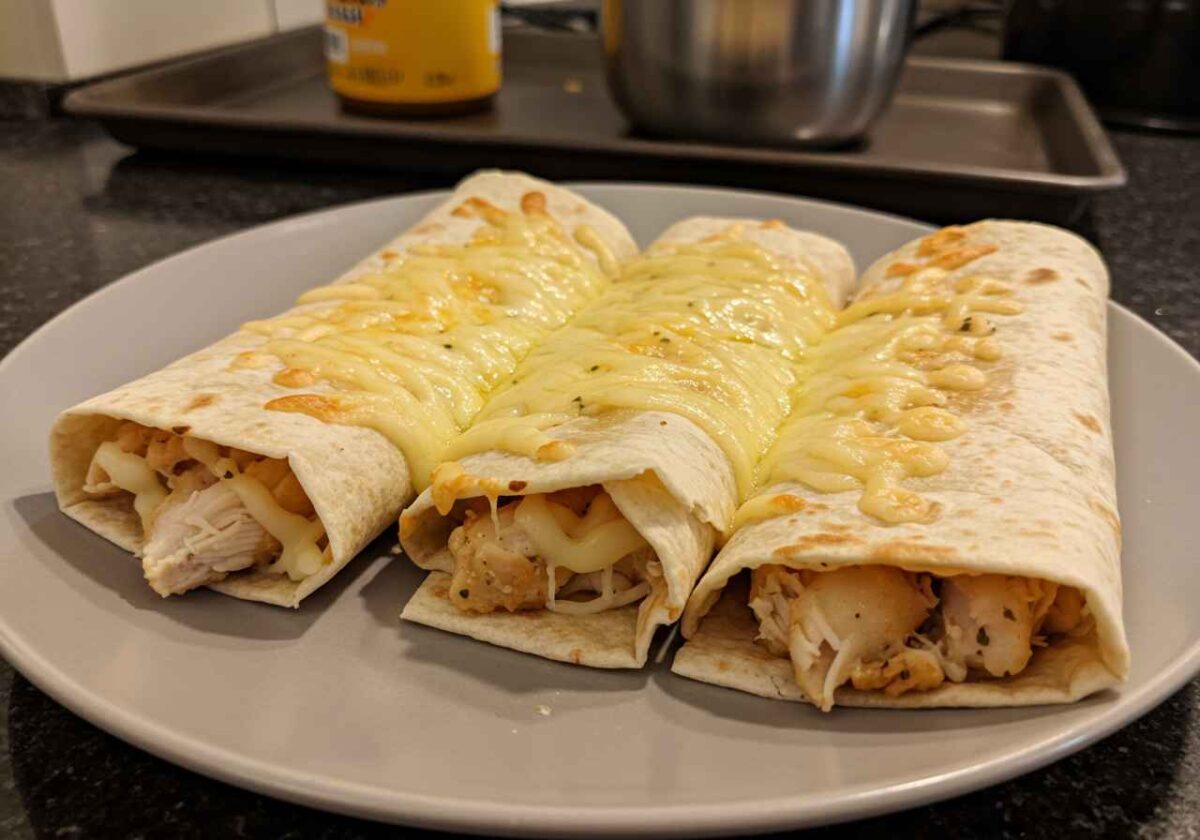 chicken wraps stacked on top of each other with the words cheesy garlic chicken wraps