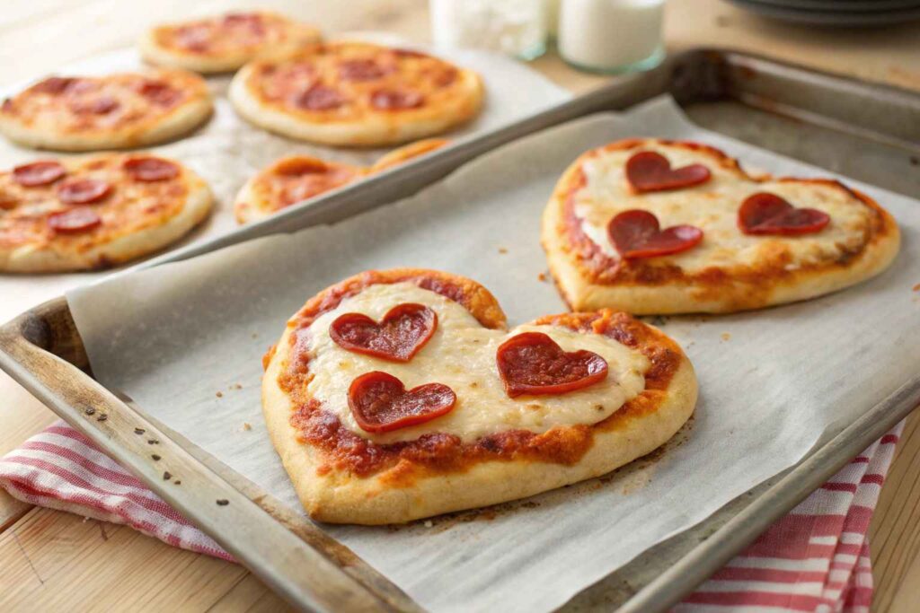 four heart shaped pizzas sitting on top of a pan