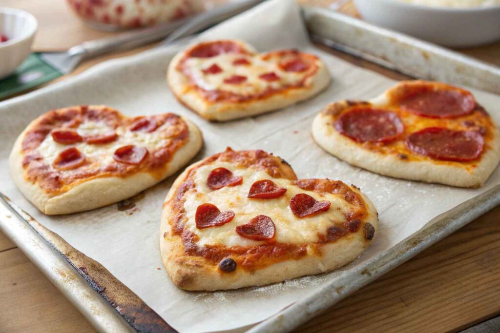 four heart shaped pizzas sitting on top of a pan