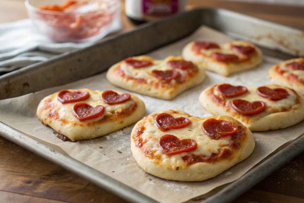 four heart shaped pizzas sitting on top of a pan