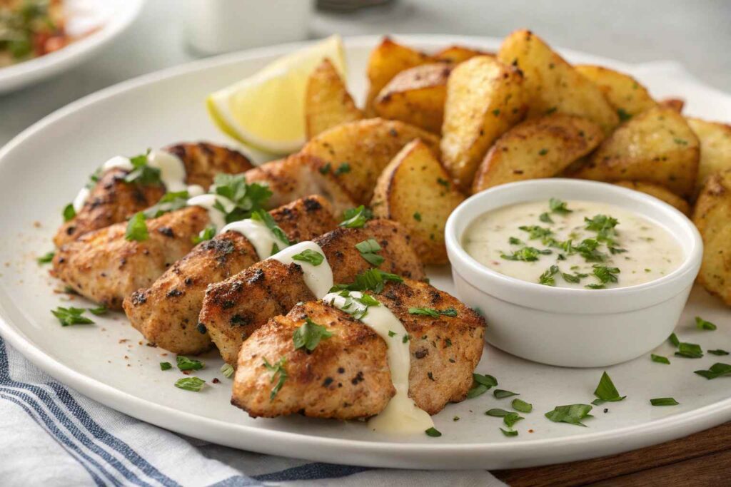 Garlic Butter Chicken Bites with Parmesan Cream Sauce & Cheesy Roasted Potatoes