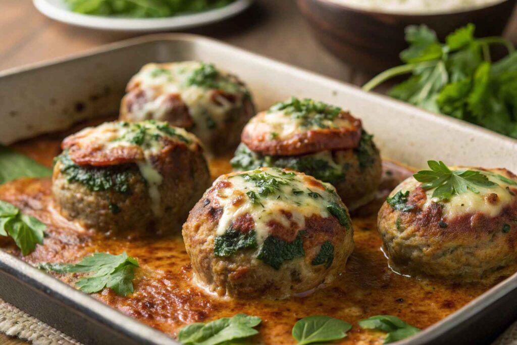 Spinach Garlic Meatballs Stuffed With Mozzarella