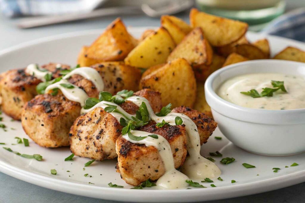 Garlic Butter Chicken Bites with Parmesan Cream Sauce & Cheesy Roasted Potatoes