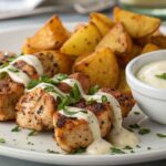 Garlic Butter Chicken Bites with Parmesan Cream Sauce & Cheesy Roasted Potatoes