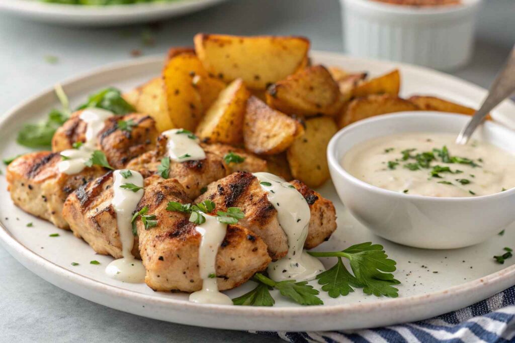 Garlic Butter Chicken Bites with Parmesan Cream Sauce & Cheesy Roasted Potatoes