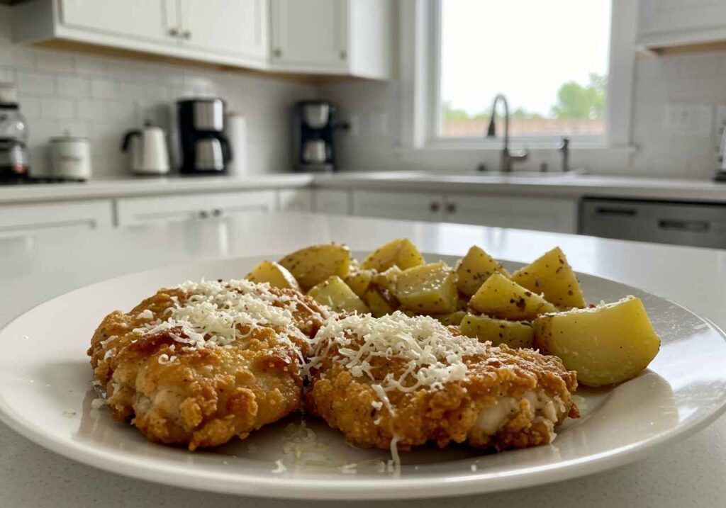 Crispy Garlic Parmesan Chicken & Potatoes – a flavorful one-pan meal with crispy potatoes and golden parmesan chicken.