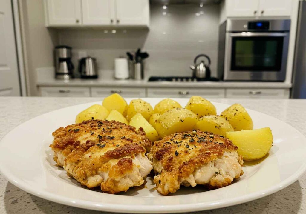 Crispy Garlic Parmesan Chicken & Potatoes – a flavorful one-pan meal with crispy potatoes and golden parmesan chicken.